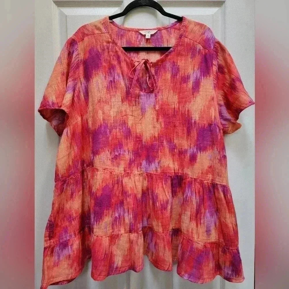 Terra & Sky Women's Short Sleeve Lightweight Colorful Bright Blouse Plus Size 3x